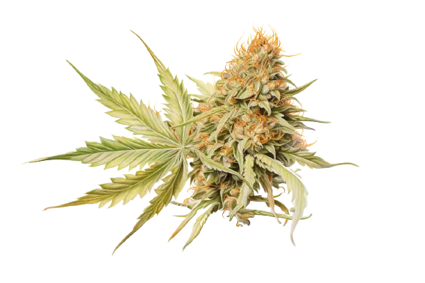 Cannabisblüte mit buntem Farbspiel und Cannabisblätter in frischem Grün Die Farbenvielfalt einer Cannabispflanze ist faszinierend.