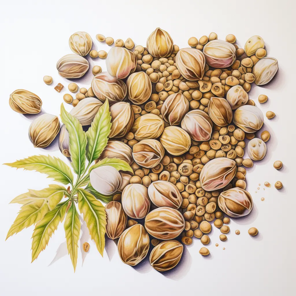 Eine Zeichnung, die Cannabis-Samen in Pastellfarben halbrealistisch darstellt. Hanfsamen in sanften Farben - eine schöne Erinnerung an die Natur