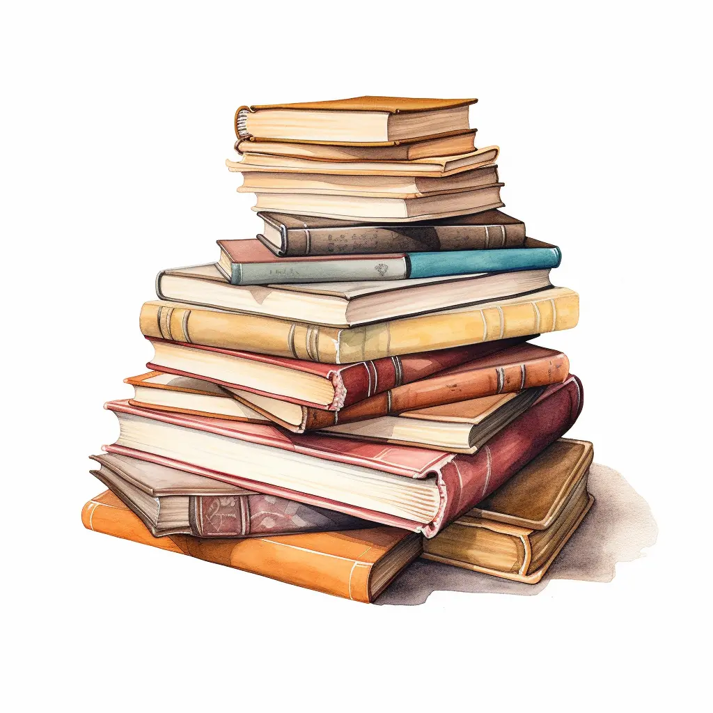 Pastellfarbene Bücher in halbrealistischer Zeichnung - eine Einladung zur Entspannung und zum Träumen Ein Bücherstapel befindet sich auf einem beigen Untergrund, der sich in einer städtischen Gegend befindet.
