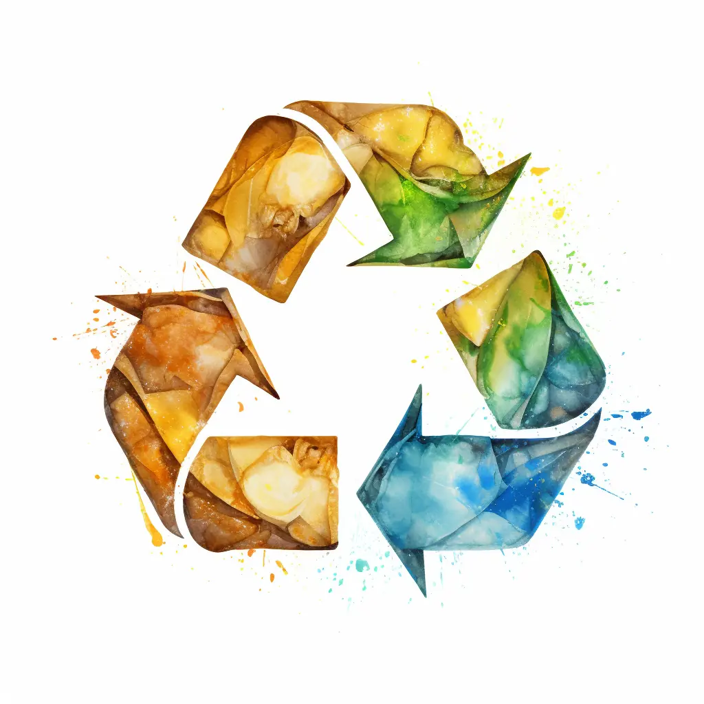 Ein Symbol, das Recycling in zarten Farben darstellt, ist ein künstlerischer Hinweis auf den Umweltschutz, der wie eine Verbindung aus Wirklichkeit und Zeichnung erscheint. Ein Recycling-Symbol befindet sich auf einem Hintergrund in beiger Farbe.